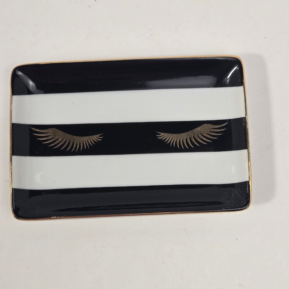 Rosanna Token of Affection Trinket Tray Black White Striped Eyelash Gold Rim